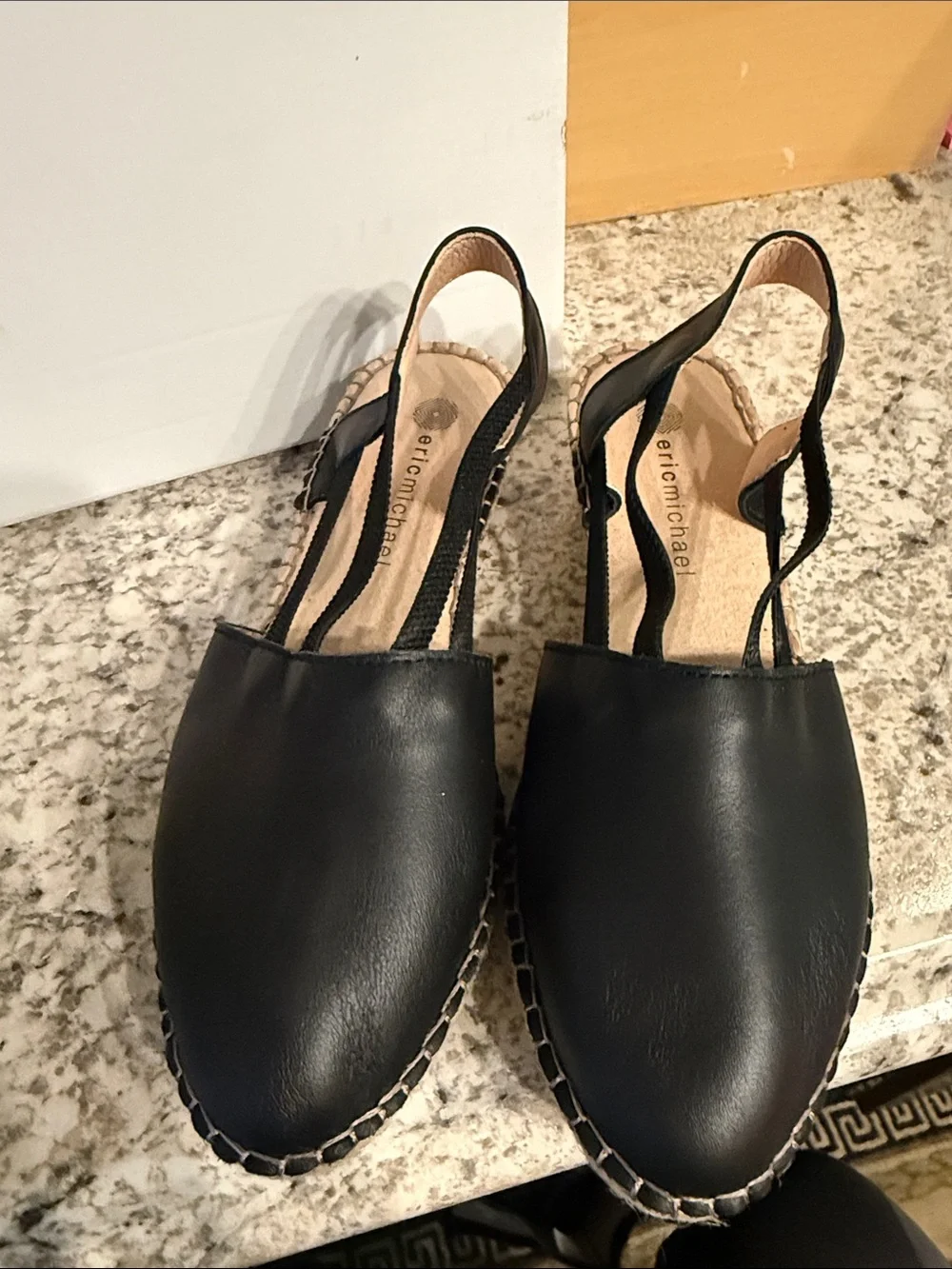 New in box. Eric Michael Estelle black leather espadrille